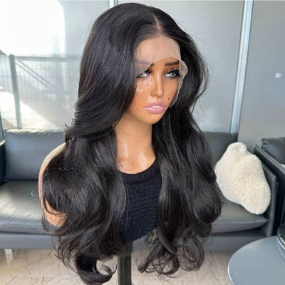 Natural Black Curtain Bangs Human blend Lace Front Wig